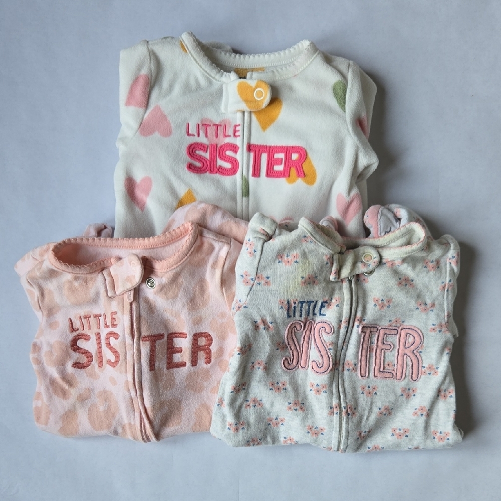 Set of 3 - Cute "Little Sister" 0-3 Month Baby Girl Footed Pajamas
